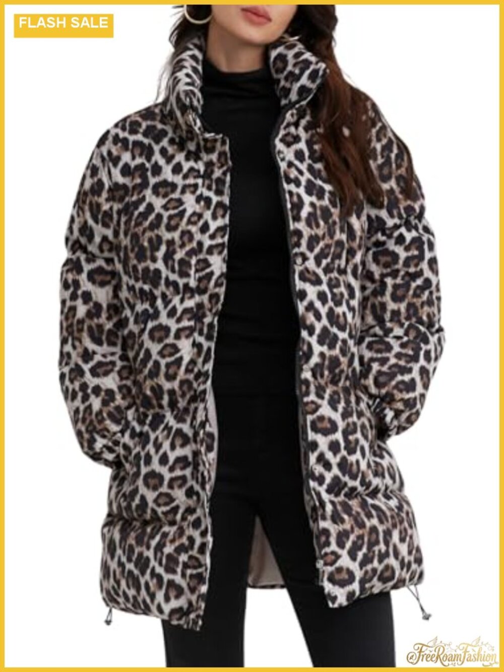 Leopard Print Puffer Coat Women's Quilted Winter Parka Stand Collar Zip